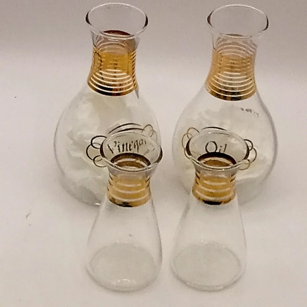 PYREX GLASS  Oil & Vinegar Cruets and Salt Pepper Shakers No Stoppers Gold Band - Picture 2 of 8
